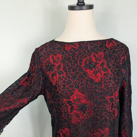 Silk Lace Top Blouse S Black Red Vintage Goth Overlay Holiday Christmas 10 - Picture 3 of 10